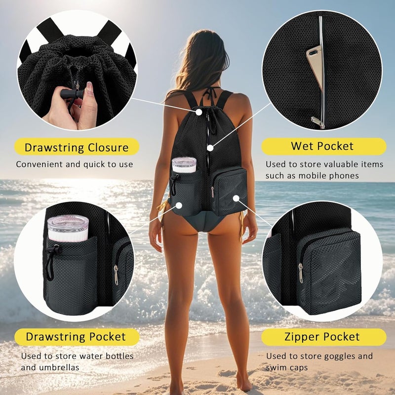 HOPSOOKEN Swim Bag Mesh Beach Backpack for Womem Men Waterproof Drawstring Backpack with Wet Pocket for Swimming Gym Pool - Image 3